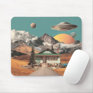 Surrealer UFO über rustikalem Haus Mousepad