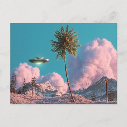 Surrealer UFO- und Palmenberg-Szene Postkarte (Vorderseite)