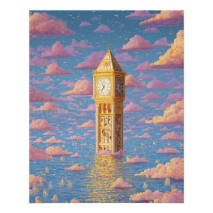 Surrealer Uhrturm Kunst mit rosa Himmelstraum Poster
