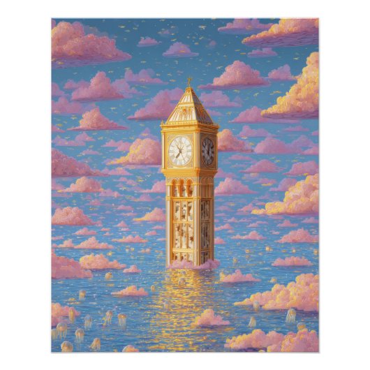 Surrealer Uhrturm Kunst mit rosa Himmelstraum Poster (Vorderseite)