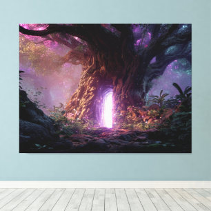 Surrealer verzauberter Baum mit leuchtendem Portal Leinwanddruck