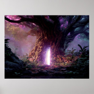 Surrealer verzauberter Baum mit leuchtendem Portal Poster