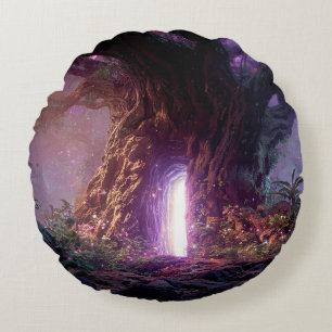 Surrealer verzauberter Baum mit leuchtendem Portal Rundes Kissen