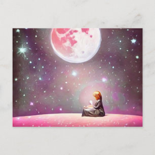 Surrealer Vintage-Girl & Vollmond in Rosa Postkarte