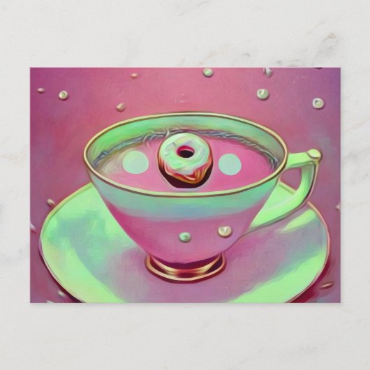 Surrealer Vintage-Teetasse & winziger Donut Postkarte (Vorderseite)