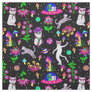 surrealer Weltraum-Disco-Katzen-Alien-UFO-Leopard Stoff