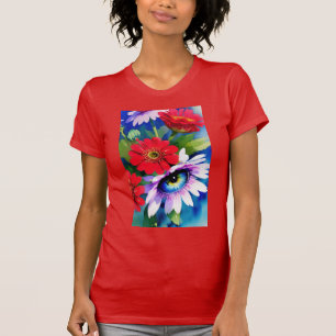 Surreales Blaues Auge Rosa Blume & Rote Zenien T-Shirt