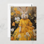Surreales Kaninchen in Gelbkleid und Blume Postkarte (Vorne/Hinten)