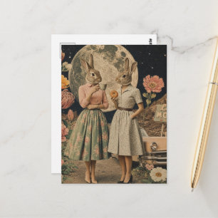 Surreales Paar von Hasen-Damen Frühstück-Collage Postkarte