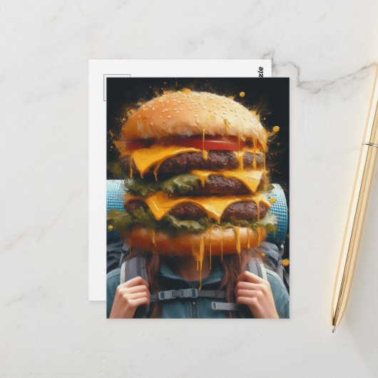 Surreales Wandern mit einem Cheeseburger im Kopf Postkarte (Vorderseite/Rückseite Beispiel)