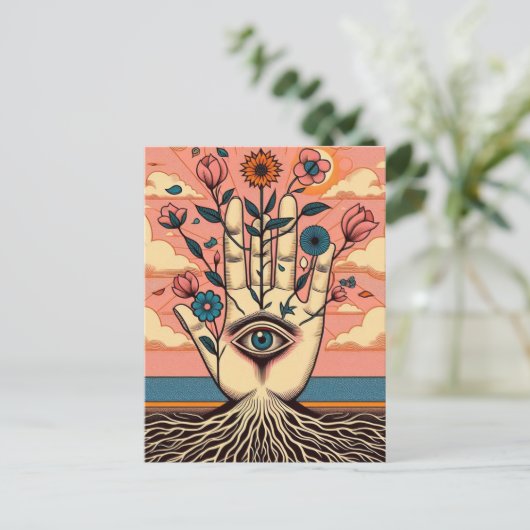 Surrealgärtner mit rosa Blume Postkarte (Stehend Vorderseite)