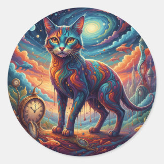 Surrealism Whimsical Time Travel Cat Runder Aufkleber