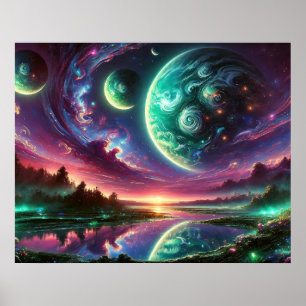 Surrealistische Alien-Planet-Landschaft mit kosmis Poster