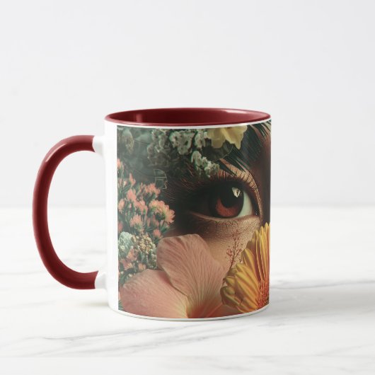 Surrealistische Augen und Blumen mit Schmetterling Tasse (Links)