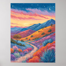 Surrealistische Berglandschaft bei Sonnenuntergang Poster
