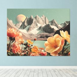 Surrealistische Berglandschaft mit blühenden Blume Leinwanddruck