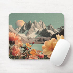 Surrealistische Berglandschaft mit blühenden Blume Mousepad