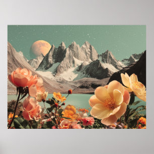 Surrealistische Berglandschaft mit blühenden Blume Poster