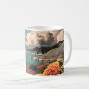 Surrealistische Berglandschaft mit Planeten und Wo Kaffeetasse