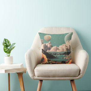 Surrealistische Berglandschaft mit Planeten und Wo Kissen