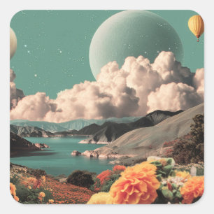 Surrealistische Berglandschaft mit Planeten und Wo Quadratischer Aufkleber