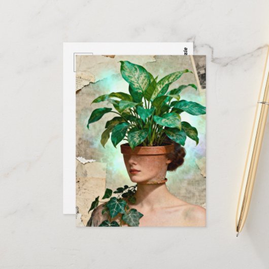 Surrealistische Blumentopf-Frau Postkarte (Vorderseite/Rückseite Beispiel)