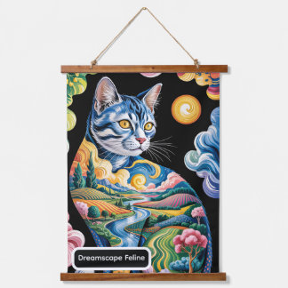 Surrealistische farbenfrohe Katzenlandschaftsmaler Wandteppich Mit Holzrahmen