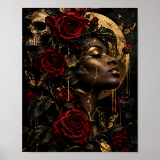 Surrealistische florale schwarze Königin Goldblatt Poster