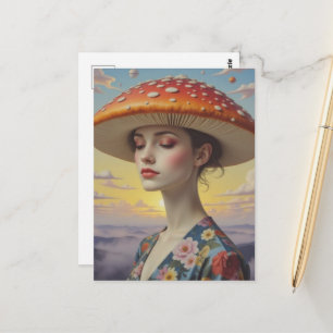 Surrealistische Frau mit einem Pilzhut Postkarte