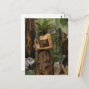 Surrealistische Frau mit Farnkopf, der einen Krist Postkarte