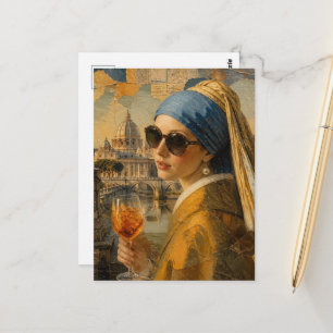 Surrealistische Frau mit Perlenohrring geht in den Postkarte