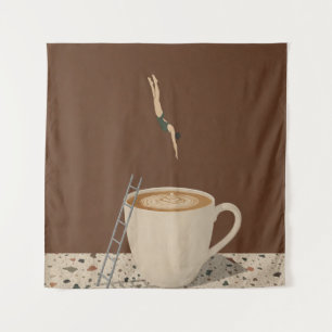 Surrealistische Frau taucht in Kaffeetasse ein Wandteppich