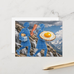 Surrealistische Frühstücksfrau Speck und Eier Blau Postkarte