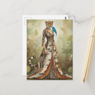 Surrealistische Gepardin in Birkenrindenkleid Mode Postkarte