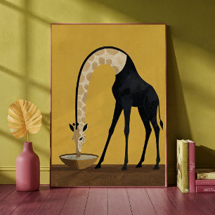 Surrealistische Giraffe trinkt aus einer Schüssel Poster