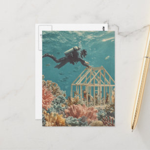 Surrealistische Hausbauer im Ozean Postkarte