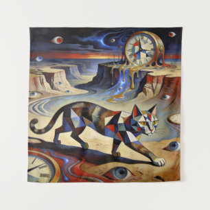 Surrealistische Katze Schmelzende Uhren Dali Picas Wandteppich