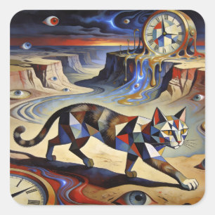 Surrealistische Katze schmilzt Uhren Dali Picasso Quadratischer Aufkleber
