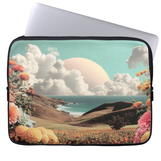 Surrealistische Küstenlandschaft mit Blumen und Wo Laptopschutzhülle (Vorderseite)