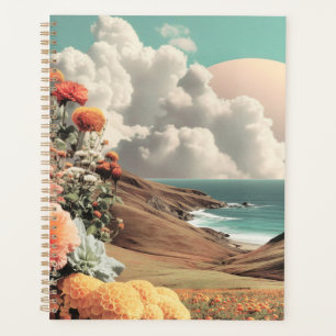 Surrealistische Küstenlandschaft mit Blumen und Wo Planer