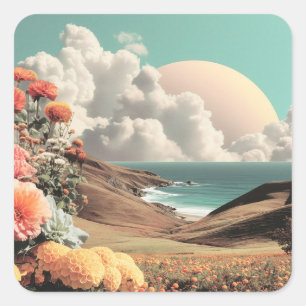 Surrealistische Küstenlandschaft mit Blumen und Wo Quadratischer Aufkleber