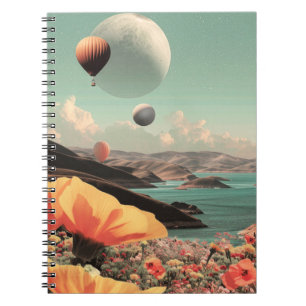 Surrealistische Landschaft mit Luftballons und Mon Notizblock