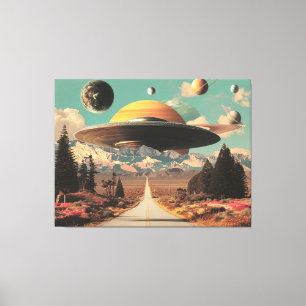 Surrealistische Landschaft mit Straße, UFO und Sat Leinwanddruck