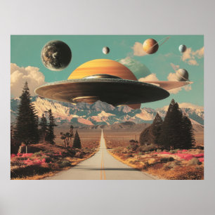 Surrealistische Landschaft mit Straße, UFO und Sat Poster