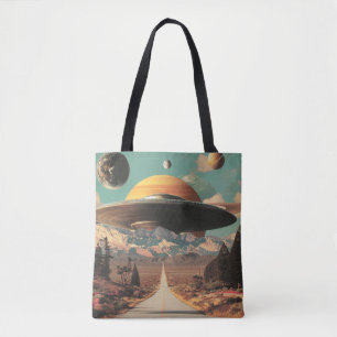 Surrealistische Landschaft mit Straße, UFO und Sat Tasche