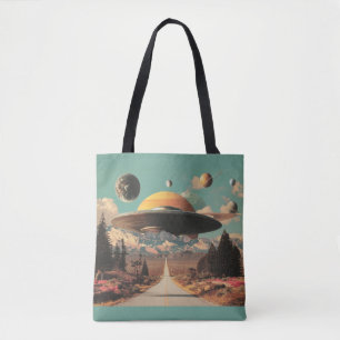 Surrealistische Landschaft mit Straße, UFO und Sat Tasche