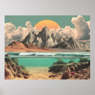 Surrealistische Meeres- und Berglandschaft mit Wel Poster