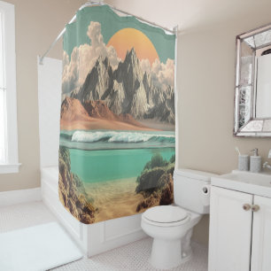Surrealistische Ozean- und Berglandschaft mit Well Duschvorhang