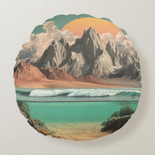 Surrealistische Ozean- und Berglandschaft mit Well Rundes Kissen