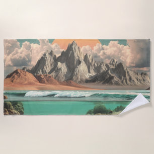 Surrealistische Ozean- und Berglandschaft mit Well Strandtuch